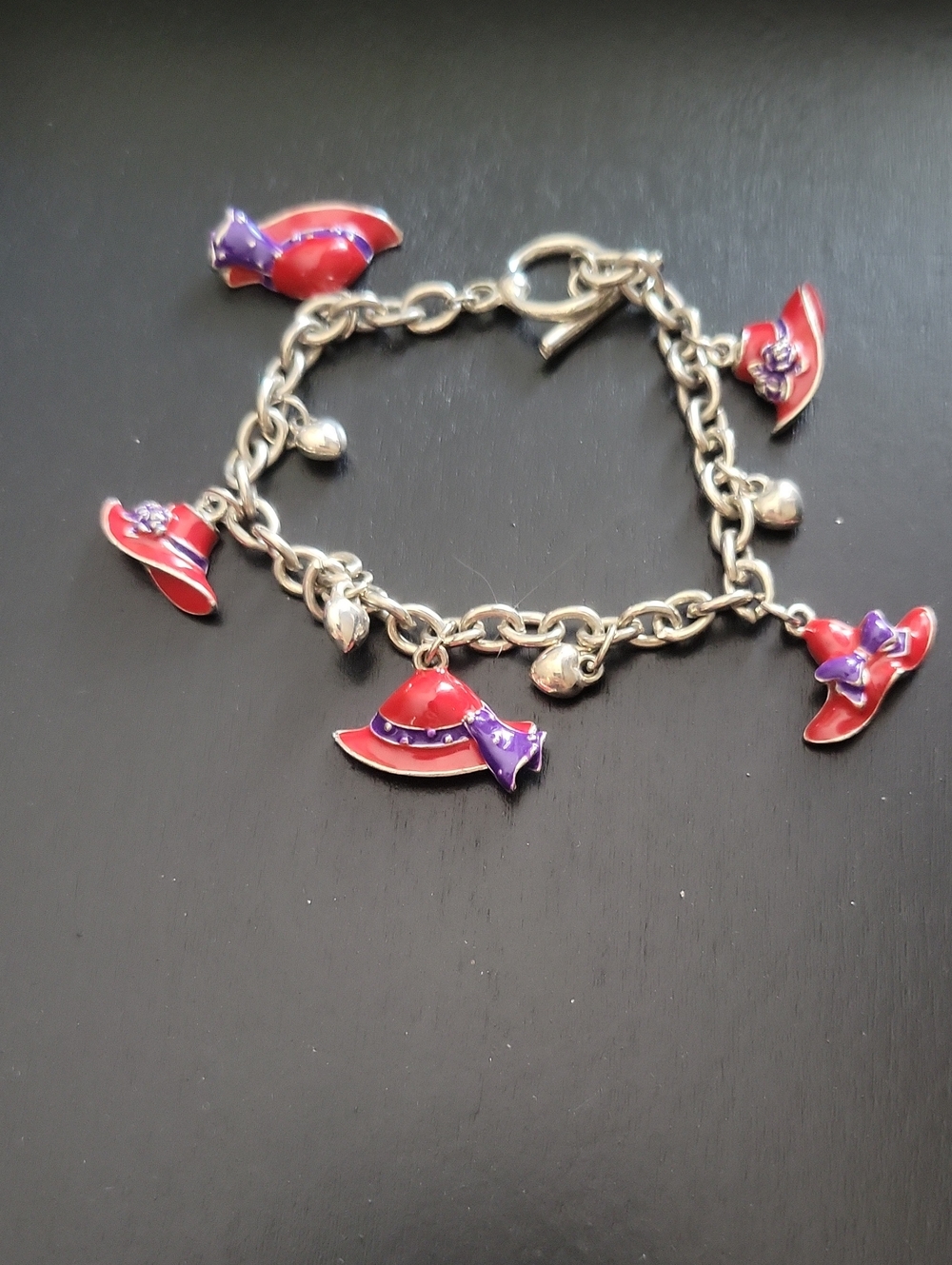 Silver Charm Bracelet with Red and Purple Hat Charms
